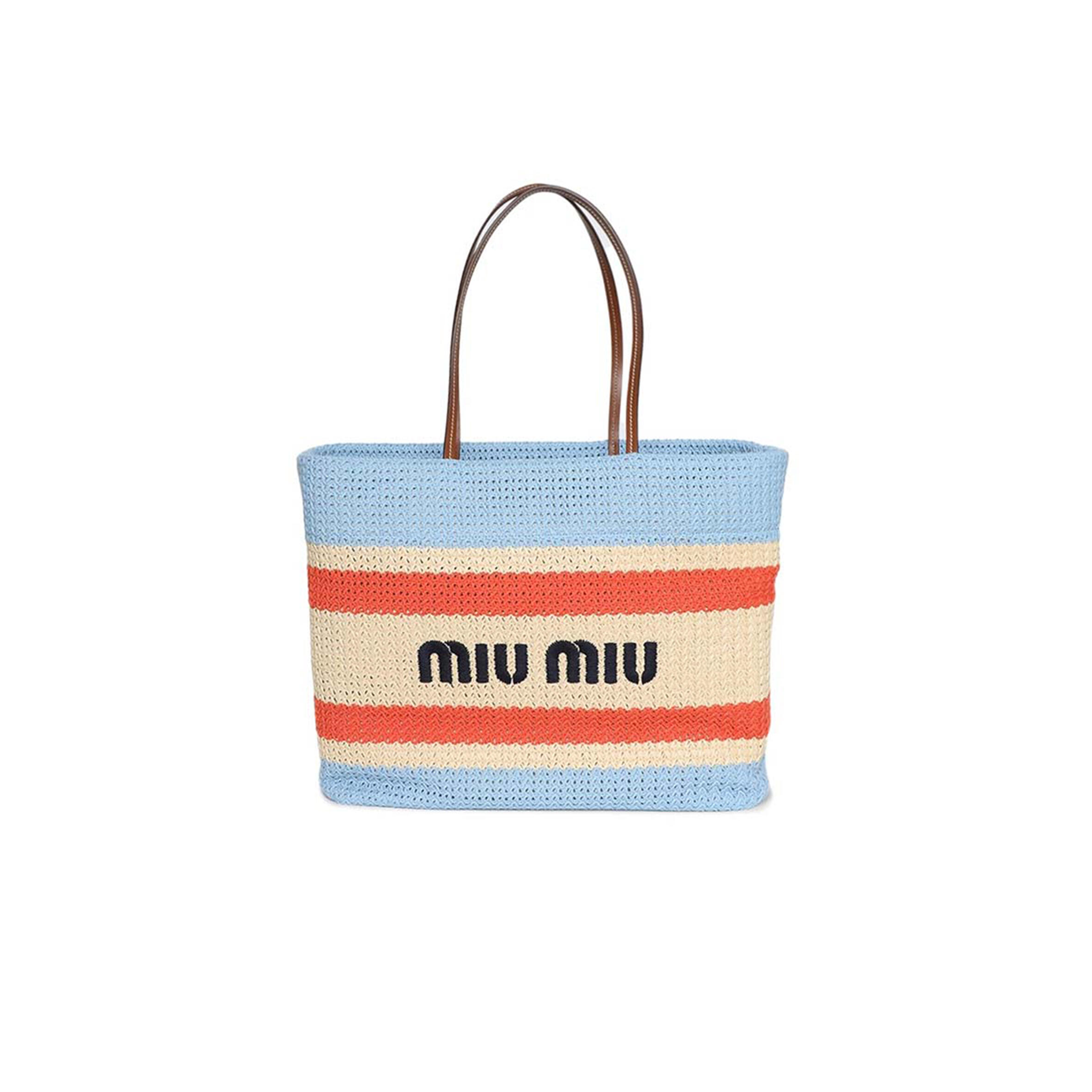 MIU MIU TESSUTO STRIPED WOVEN FABRIC TOTE BAG NATURAL AND CELESTE BLUE 5BG228 (40*34*16cm)